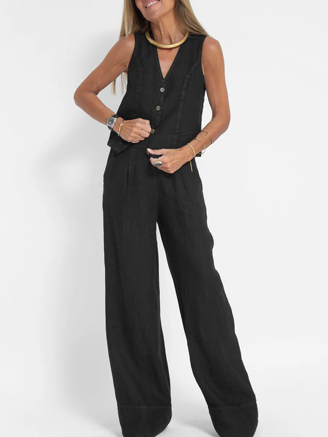 Set of Rosea button-up waistcoat and wide-leg trousers