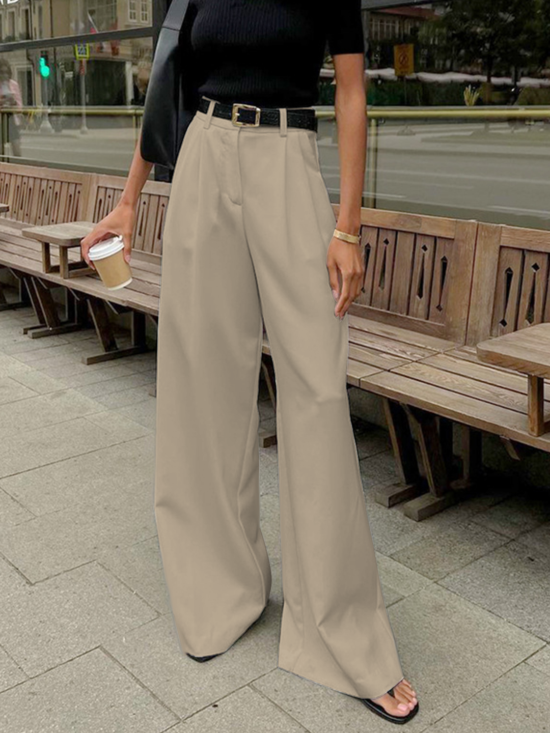 Pink wide leg straight leg trousers without belt 