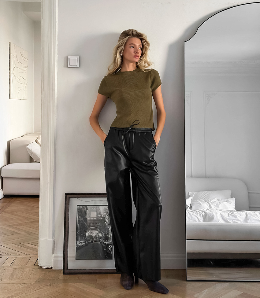 Pink wide leg leather trousers