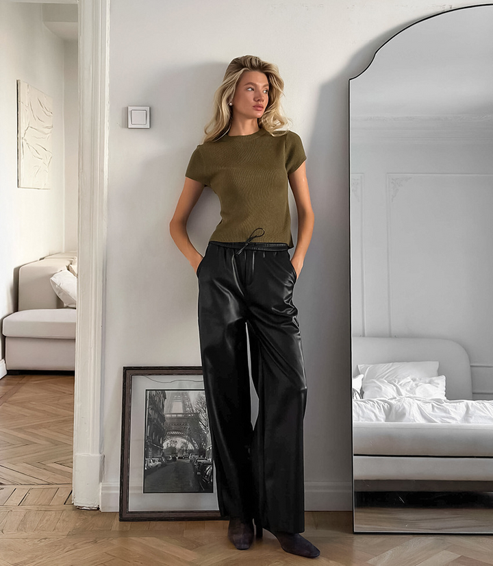 Pink wide leg leather trousers
