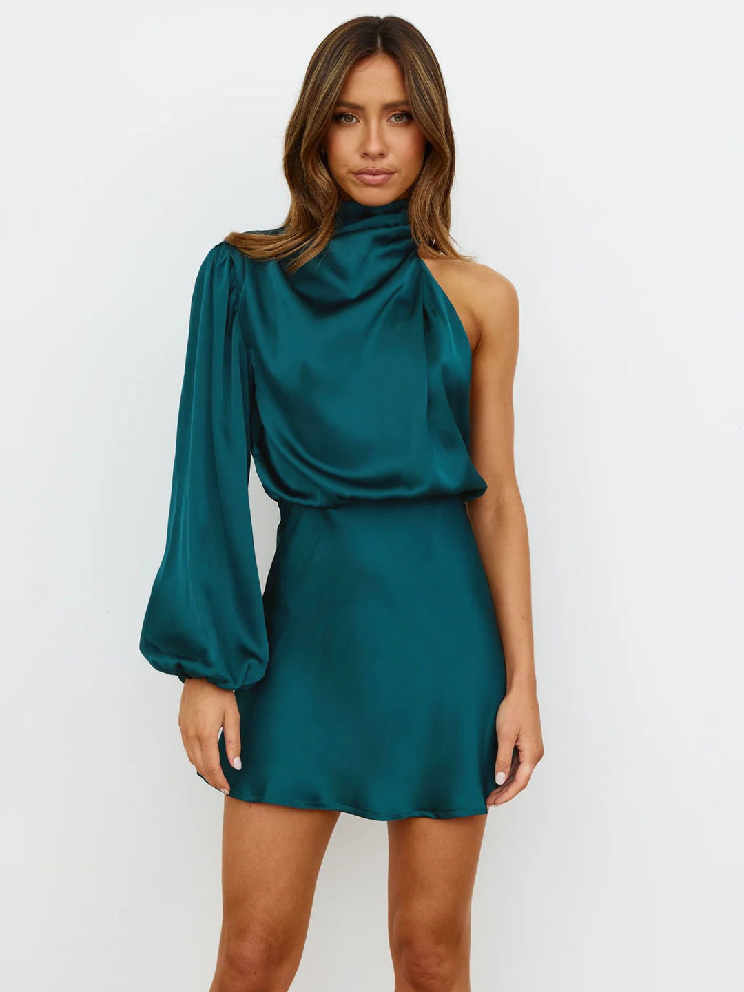 Rosea Satin Drape One Shoulder Evening Dress 