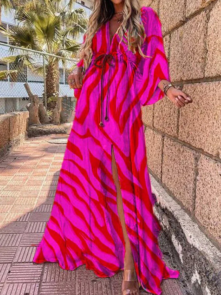 Lara - Elegancka boho sukienka czerwona z odważnym nadrukiem