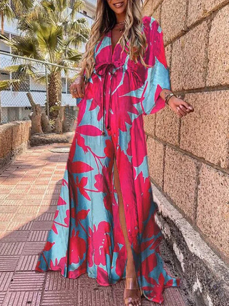 Lara - Elegancka boho sukienka czerwona z odważnym nadrukiem