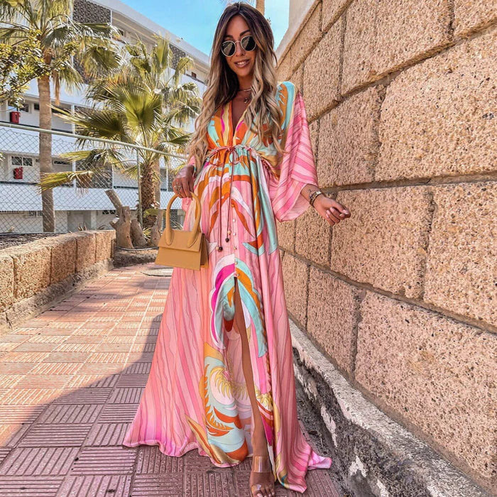 Lara - Elegancka boho sukienka czerwona z odważnym nadrukiem