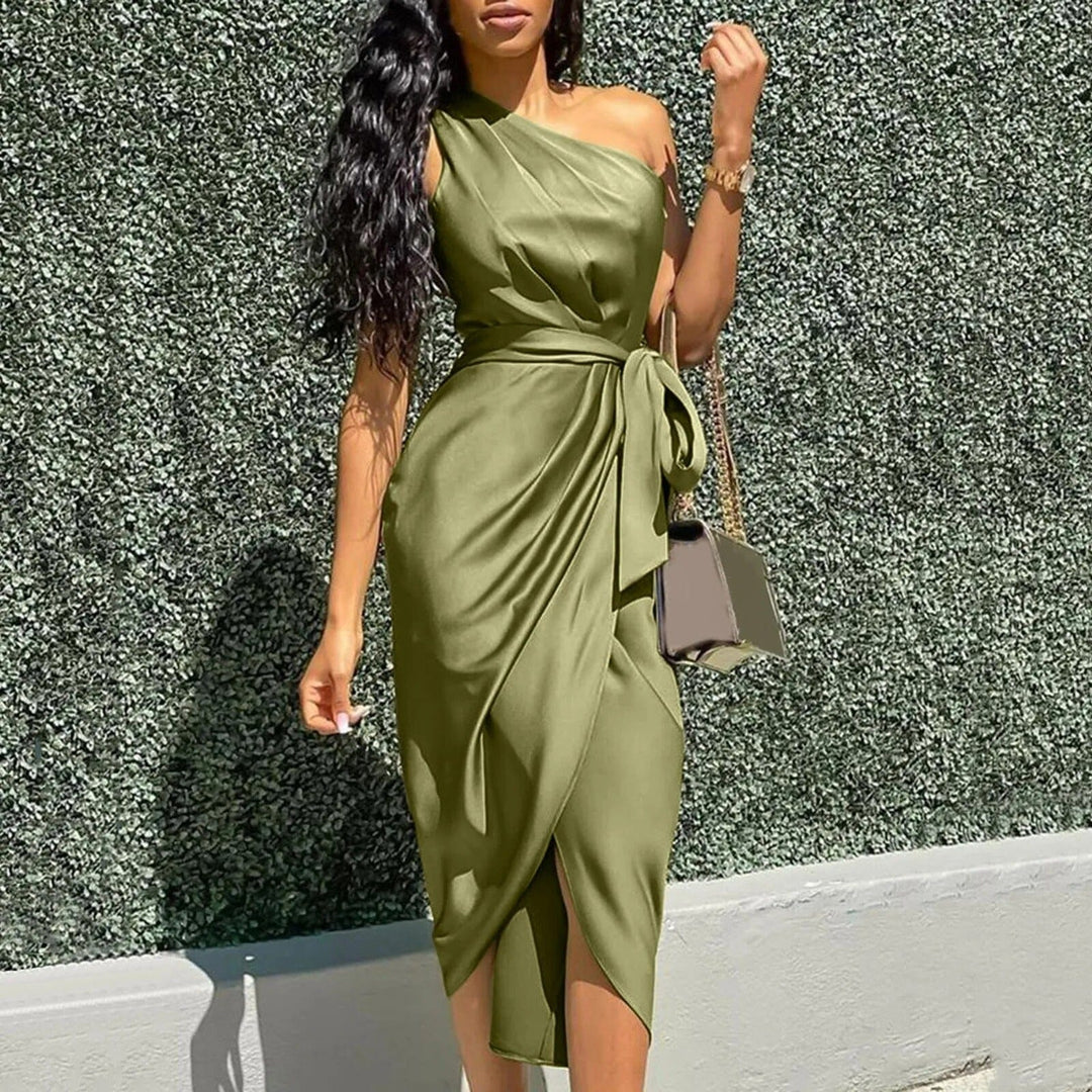 Rosea Silk Asymmetric Ruffle Maxi Dress
