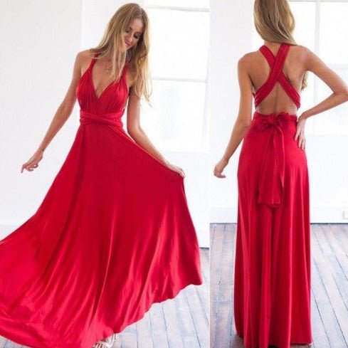 Elegancka długa suknia z dekoltem w serek i kolorowymi paseczkami w stylu Henley dla oszałamiającego wyglądu